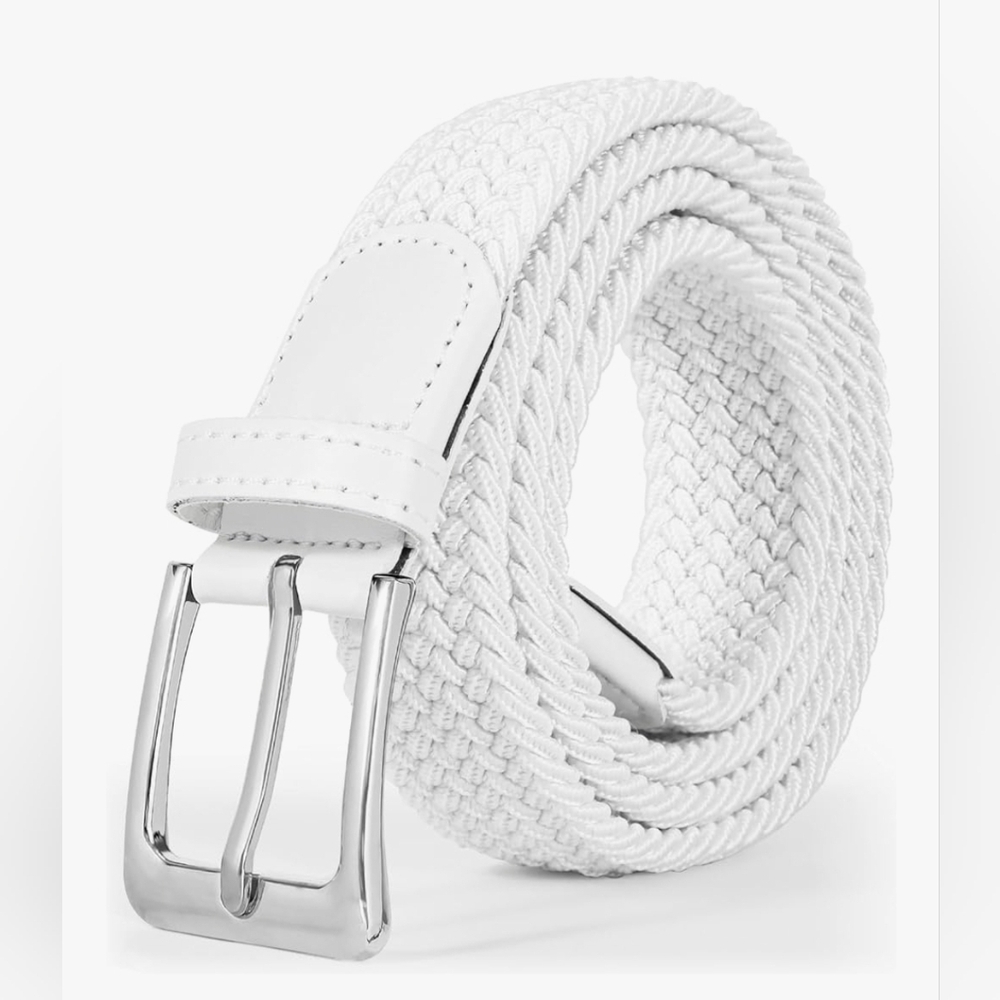 White Woven Elastic Belt with Silver Buckle
